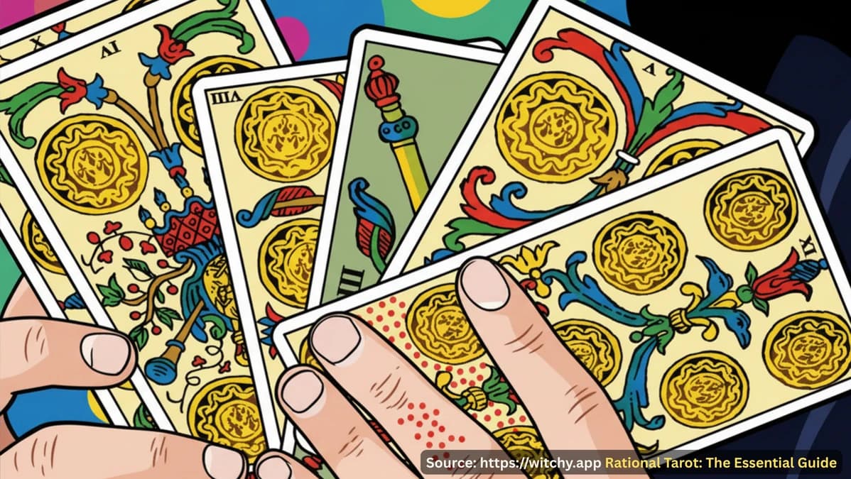 A close-up photo of a hand holding a single tarot card against a plain wooden table