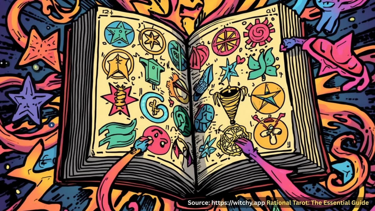 An open notebook with sketches of tarot symbols and handwritten notes