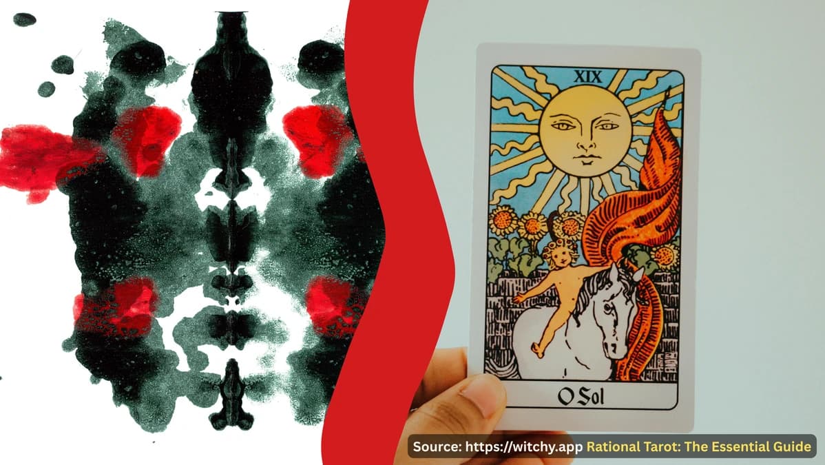 a Rorschach inkblot next to a tarot card